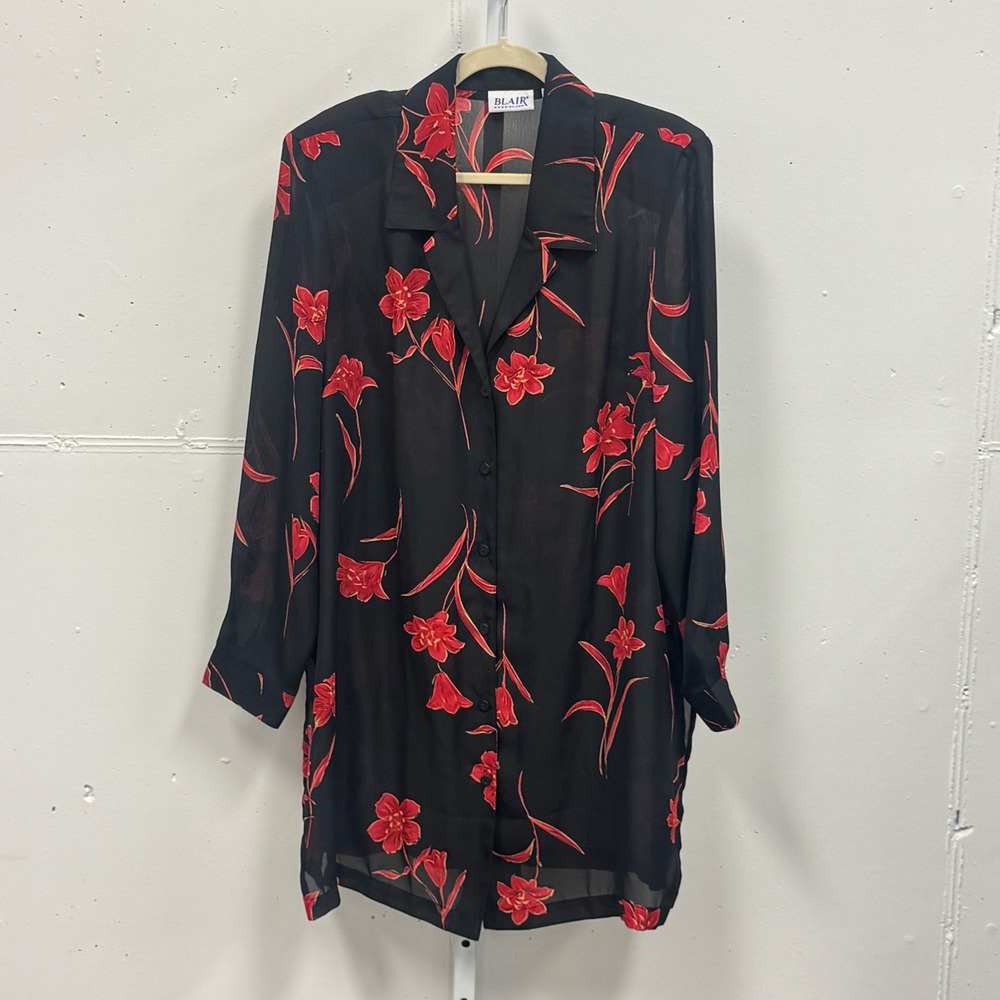 NWOT Blair Women's XL PT Black Red Floral Sheer Button‎ Down Tunic Blouse Shirt